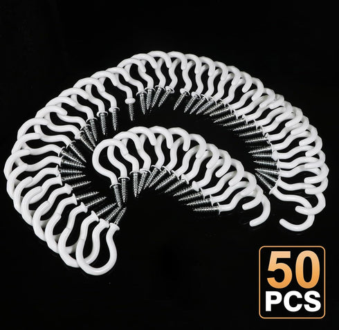 50Pcs White Cup Hooks, 1-1/4 Inch Heavy Duty Screw-in Metal Mug Hooks, Vinyl Coated Screw Hooks