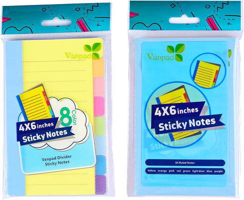 Vanpad (2 Pack) Divider Sticky Notes Tabs, 4 x 6 Inches, 64 Ruled Notes per Pack, School Office Supplies
