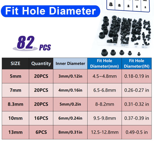 uillcuet 82PCS 5 Grommets Grommet Grommets Grommets, Sizes Silicone Rubber Kit for Wiring, Black Rubber Hole Assortment