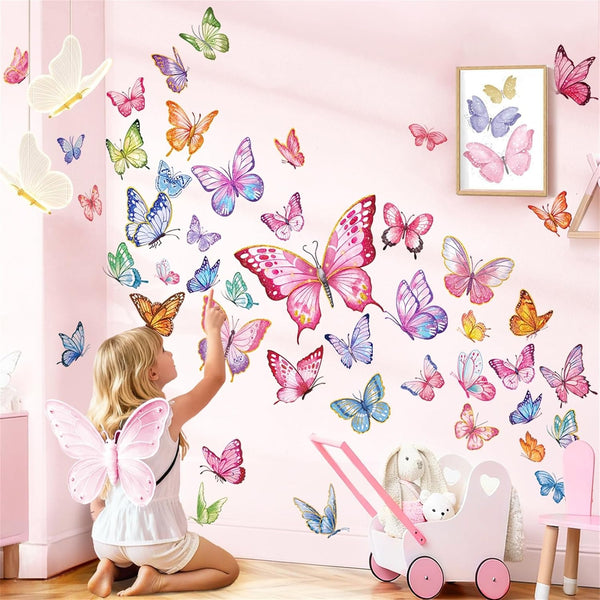 decalmile Pink Butterfly Wall Stickers Colorful Watercolor Butterflies Wall Decals Baby Nursery