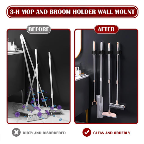 3-H Mop and Broom Holder Wall Mount - 6 Pack Broom Holder for Garage, Garden Shed, Laundry Room Organization, up to