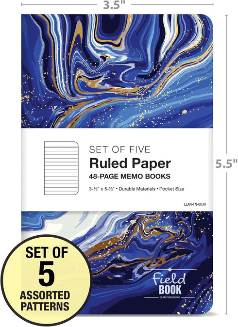 Elan Publishing Company Field Notebook/Pocket Journal, 3.5"x5.5", Marble Covers, Lined Memo Book, Pack of 5