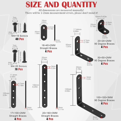 Hilitchi 24 Pack Stainless Steel Black L Bracket Corner Brace and Straight Bracket with Screws Corner Fastener