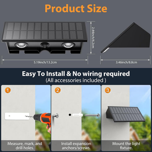 2PACK 3 IP65 Solar Sconce Lights Outdoor,Warm White/Cool White/Natural Light Modes Up and Down Solar Wall Lights