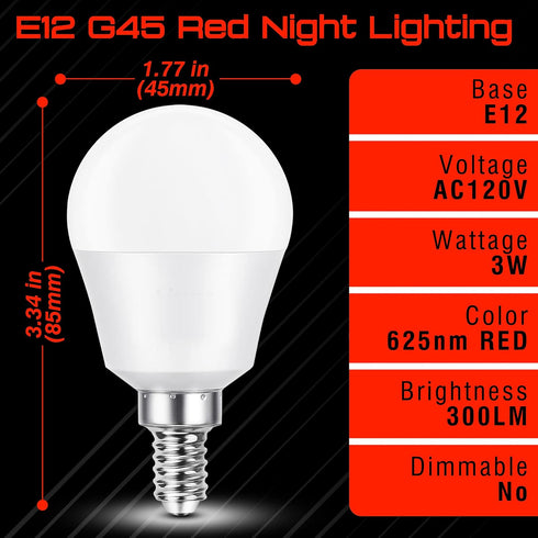 E12 Bulbs 25w-40w 625nm Bulbs 3W 300LM, G45 E12 Non-Dimmable, 2 Pack Candelabra Red Light for Sleep Equivalent, Red