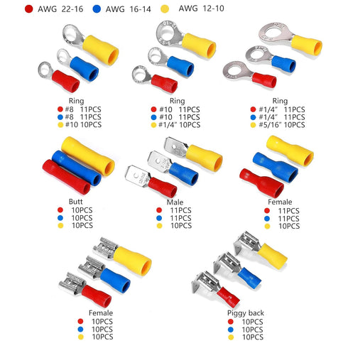 Ginsco 250Pcs Insulated Wire Connectors Assorted Crimp Terminal Kit - Quick Disconnect Ring Spade Butt Splices