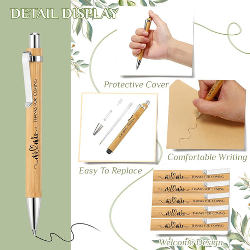 Fumete Wedding Bamboo Retractable Ballpoint Pen, 30 Pieces, Black Ink, Wooden Guest Book Pens for Bridal Shower