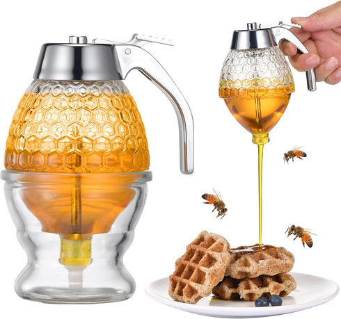 ANABIUP Glass Honey Dispenser 8 Ounces - Drip-Free Honey Jar With Glass Stand,