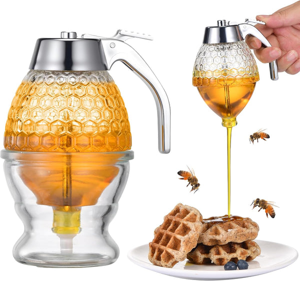 ANABIUP Glass Honey Dispenser 8 Ounces - Drip-Free Honey Jar With Glass Stand,