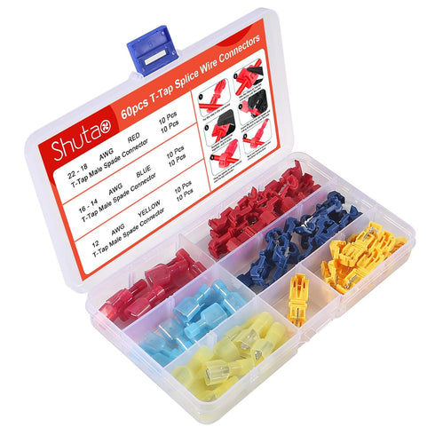 60 Pcs T-Tap Wire Connectors, Self-Stripping Quick Splice Electrical Terminals, Insulated Male Disconnect Kit