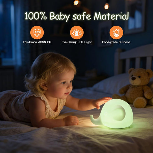15-Min 7 4 Baby Night Light for Nursery, Smart Voice Activated Elephant Lamp with Auto-Shut Off, Color Changing