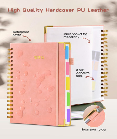 Hardcover Spiral Notebook Journal with Removable Dividers Tabs, 300 Pages Leather 5 Subject Notebook College Ruled, 8"x10" Large B5 Notebooks for Work School Note taking, Lined Journal for Women, Pink by dilitego