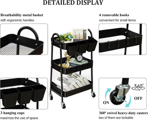 danpinera 3-Tier Rolling Cart, Metal Storage Cart with Lockable Wheels, Hanging Cups & Hooks, Black