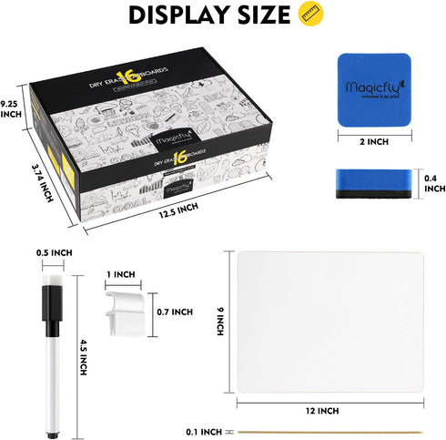 Magicfly Double-Sided Small White Board, 9 x 12 Inches, Bulk Pack of 16 Mini Dry Erase Lap Boards with 16 Pens, Erasers
