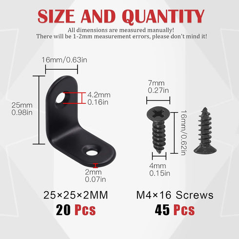 Hilitchi 90 Sets (25mm, 20 Pack) Stainless Steel Black L Bracket Corner Brace Degree Right Angle Brackets with Screws