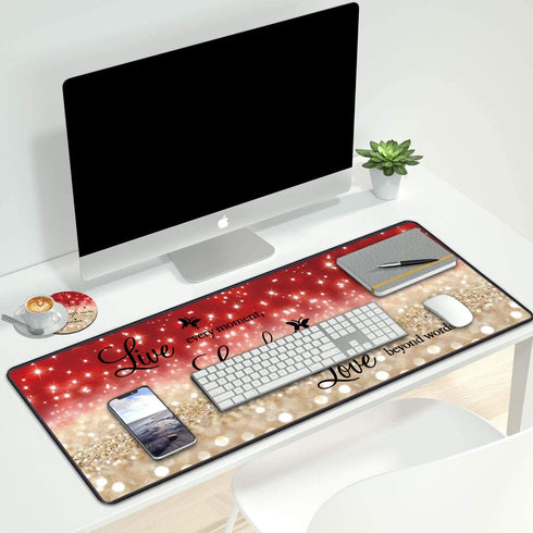 Desk Pad Gaming Mouse Pad with Coasters, 31.5"x 11.8" Large Non-Slip Rubber Base Mousepad, Red Glitter Quote