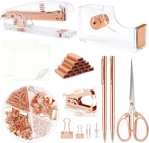 UPIHO Rose Gold Office Supplies Set, Stapler and Tape Dispenser with Clips, Scissors, and Sticky Notes