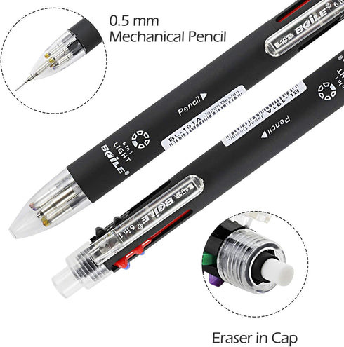 Baile 6 in 1 Multifunctional Pen, 0.7 mm Ballpoint Pen with 5 Colors and 0.5 mm Mechanical Pencil in One