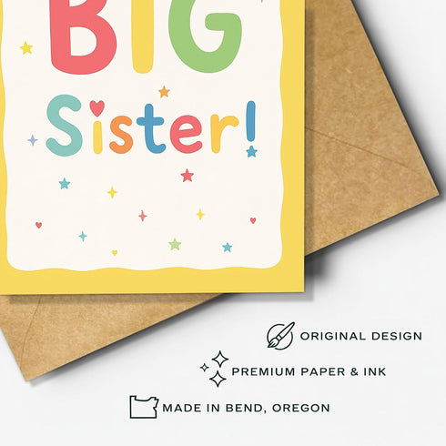8x5.3 Inch Big Sister Greeting Card, Cute Rainbow Lettering with Stars & Hearts, New Big Sister Congratulations Card