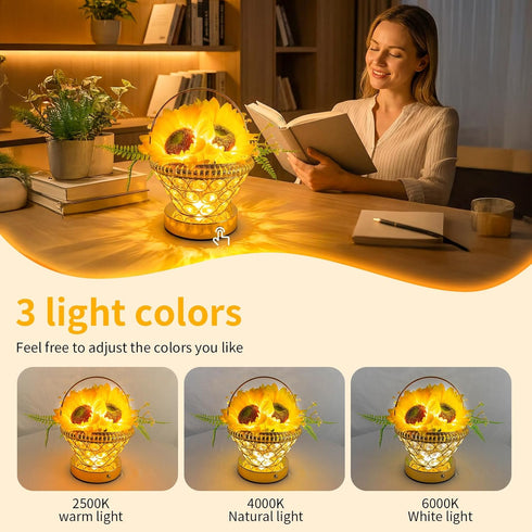 3-Color 3D-Printed Dimmable Pearl Sunflower Lamp Cordless USB-Rechargeable LED Night Light with Touch Control, Flower