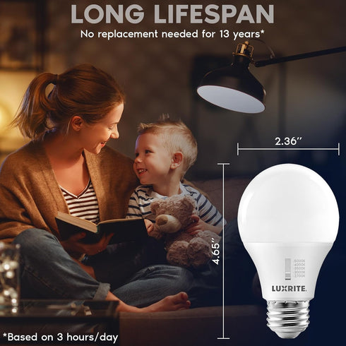 LUXRITE A19 LED Light Bulb, 9W Standard Bulbs, 60 Watt Equivalent, Dimmable, 5CCT 2700K-5000K, 800LM, E26 Base, 4 Pack