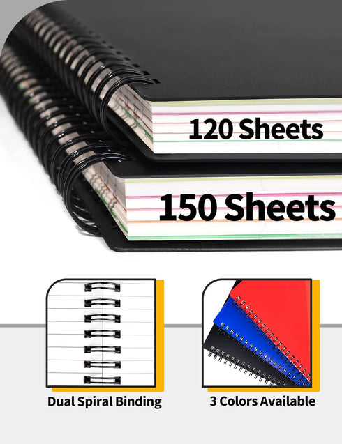 SUNEE 5 Subject Notebook College Ruled - 300 Pages, 8.2"x10.8", 5 Pocket Colored Dividers, 3-Hole Punched Paper, Black by SUNEE