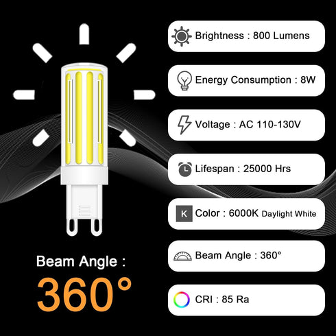 G9 Dimmable 8W Bulbs 75w 80w 6000K T4 G9 Bulb 360Beam 120v 800LM Pack 4 Led Light Halogen Equivalent, Daylight White