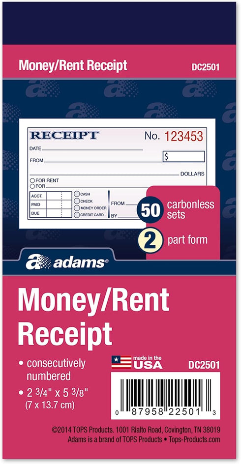 Adams Money and Rent Receipt, 2-3/4 x 5-3/8 Inches, 2-Parts, Carbonless, White/Canary, 50