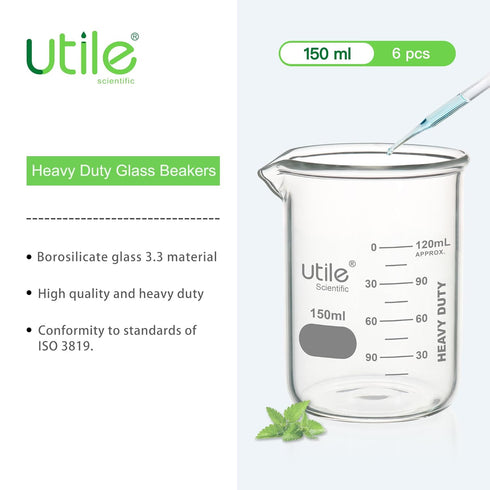 6pcs of Heavy Duty Glass Beakers, Vol.150m(5oz), Borosilicate 3.3 Glass with Double Scaled Printed Graduation, 4046.0150.6