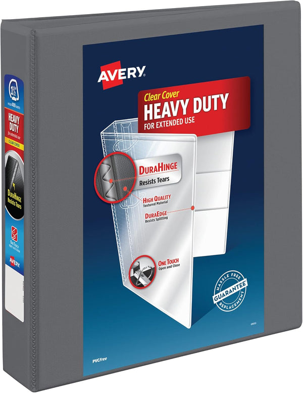 Avery Heavy-Duty 3 Ring Binders, Customizable Cover, 1.5 Inch Slant Rings, 1 Gray Binder (79866)