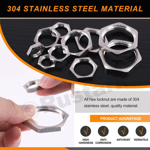 10Pcs 304 Stainless Steel Hex Female Thread Locknut Assortment Kit, 1/4 to 1 Inch NPT Hex Locknuts for Plumbing