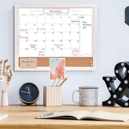 Whiteboard Calendar & Corkboard, 13" x 17" Combination Dry Erase & Bulletin Board with White Wood Frame
