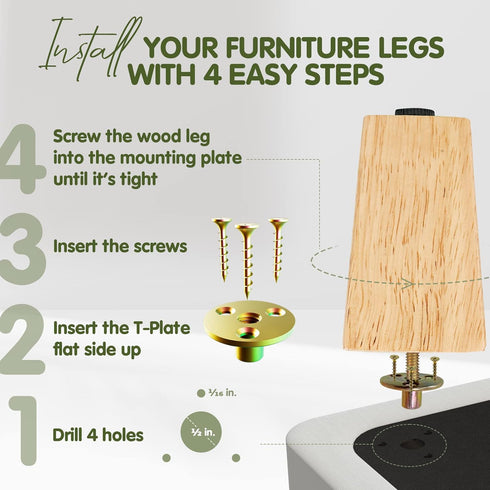 Yes4All 4.5 Inches Set 4 Square Wood Furniture Legs of - Wooden Replacement Feet for Couch, Bed, Bench - Adjustable