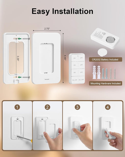 3 200FT 15A/1875W Remote Control Outlet Wireless Wall Mounted Light Switch, Independent Control Outlets, RF Range, Mini