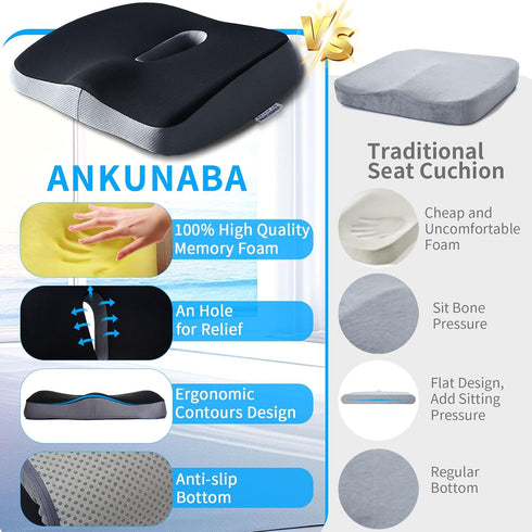 ANKUNABA Tailbone Seat Cushions for Office Chairs, Large Memory Foam Desk Chair Cushion for Coccyx Sciatica Back Pain