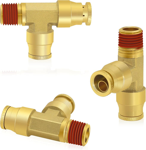 Siptenk 3/8" OD Tube 1/4" Side NPT Brass Tee Union DOT Air Fittings, 3PCS for Truck Trailers