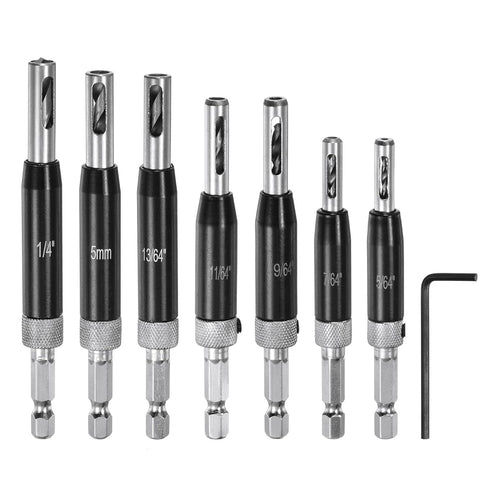 7pcs Self Centering Drill Bit Set 5/64-1/4" 5mm Hex Shank Drilling Bits for Wood Working Cabinet Door Hinge Hole Punch