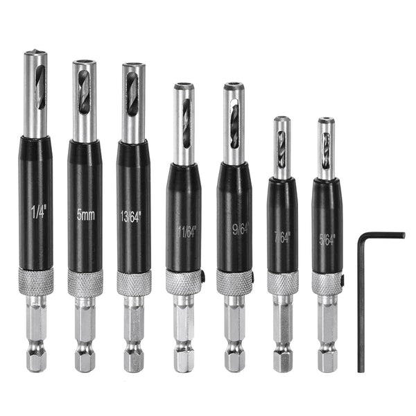 7pcs Self Centering Drill Bit Set 5/64-1/4" 5mm Hex Shank Drilling Bits for Wood Working Cabinet Door Hinge Hole Punch