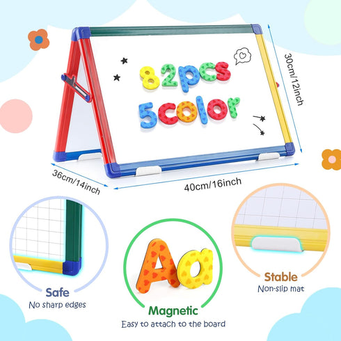 SWANCROWN Portable Magnetic Dry Erase White Board for Kids, 16x12 Inch Double Sided Tabletop Easel with 82Pcs Magnets