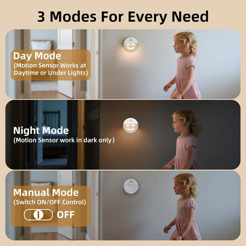 4 2 Pack 3000K Dimmable MY BEAUTY LIGHT Motion Sensor LED Night Light with Facial Expressions, Soft Warm White Hallway