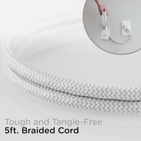 Cordinate Cube Extension Cord, 5 Ft, 3-Outlet Flat Plug, 3 Prong, 2 USB Ports, Braided, Gray/White, 55355