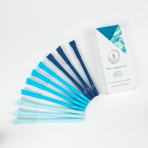 eco-friendly pen - crafted from 100% recycled paper, plastic-free, black Ink, pack of 10, Blue Lagoon set by The Paper Pen Co