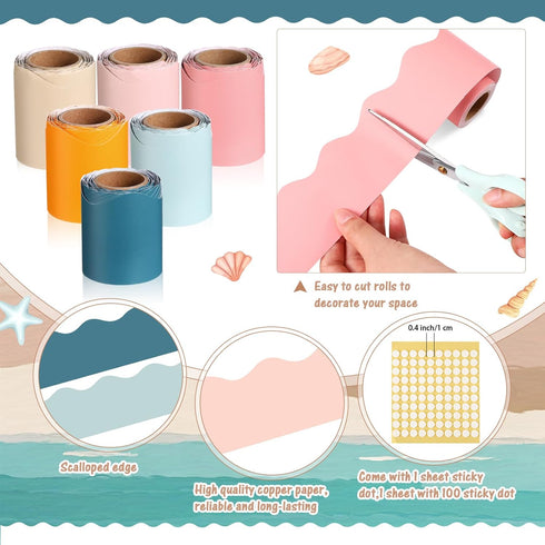 Zhanmai 6 Rolls Bulletin Board Borders, 98.5 ft Scalloped Trim for Classroom, Office, Boho Ocean Color