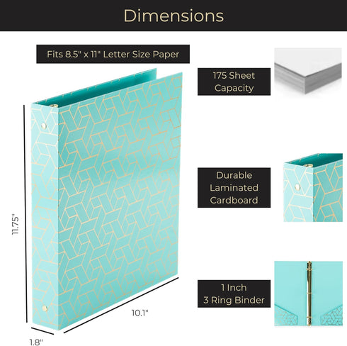 Blu Monaco Cute 3 Ring Binders for School, College, Work, Set of 2 Aqua Pastel Binders with Gold Foil Design