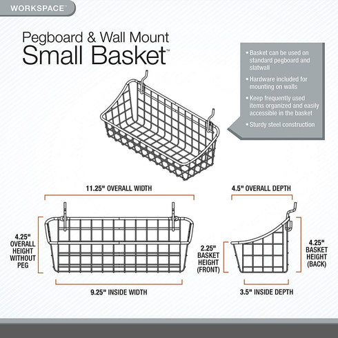 Spectrum (Pack 2) Pegboard & Wall Mount Wire Basket Small (Industrial Gray) - Storage & Organizer for Garage, Tools