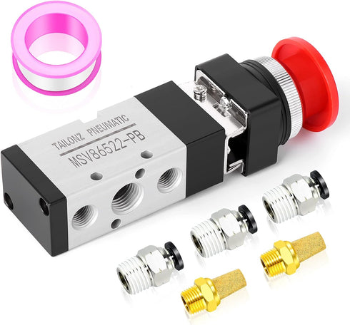 TAILONZ PNEUMATIC 1/4”NPT Push Button 5 Way 2 Position Automatic Reset Pneumatic Control Mechanical Valve