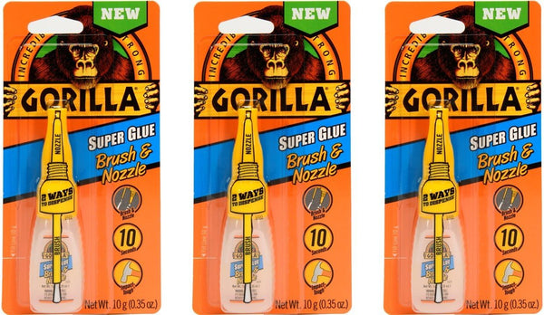 Gorilla Super Glue with Brush & Nozzle Applicator - 10 Gram, Clear, (Pack of 3)