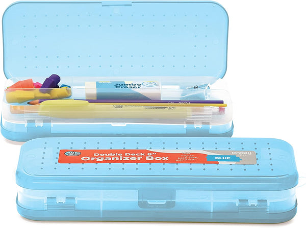 Enday Pencil Box Blue, Plastic Double Deck Pencil Case with 7 Compartments for Home and Office