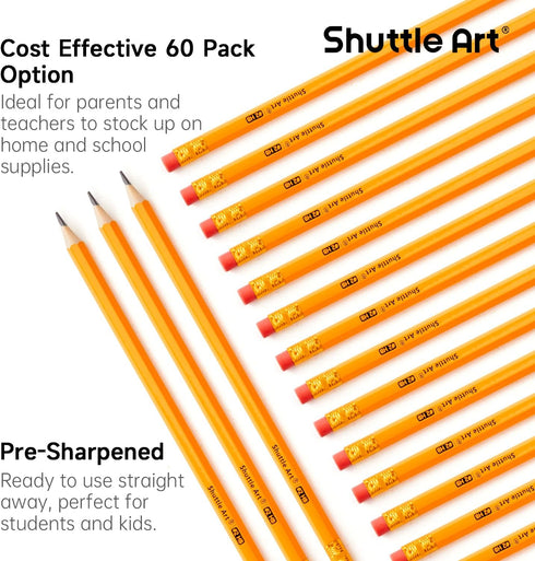 Shuttle Art 60 Pack Pencils, 2 HB, Pre-sharpened Pencils with Top Erasers, Premium Woodcased Yellow Pencils Bulk for Classroom & School Supplies, Writing and Drawing by Shuttle Art
