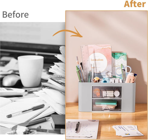 Marbrasse Pen Organizer with 2 Drawers, Multi-Functional Desk Holder with 5 Compartments for Office Art Supplies